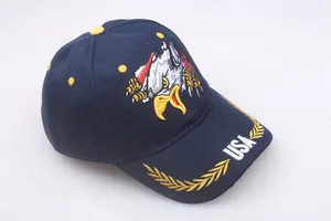 Close-up of eagle embroidery and USA logo on navy blue cotton baseball cap brim