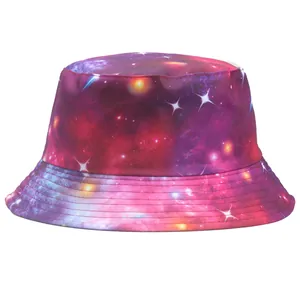 Double-sided sun hat with vibrant galaxy star print and short brim for women