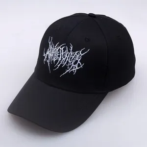 Gothic street punk black cotton baseball cap with white embroidery and curved brim