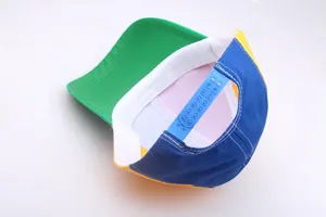 Detail view of adjustable blue snapback buckle and multi-color fabric lining of baseball cap