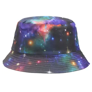 Summer double-sided bucket hat with fashionable galaxy print and short flat top brim
