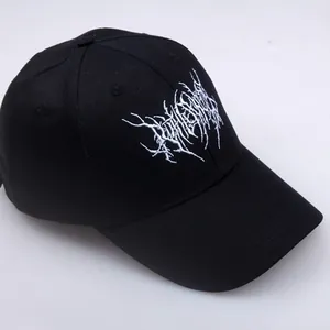 Classic black cotton baseball cap with white heavy metal style embroidery on the front