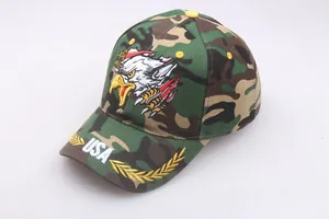 Detail of eagle embroidery and USA text on camouflage cotton baseball cap surface