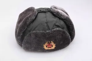 Détail d'une toque ouchanka noire avec doublure en fausse fourrure grise et insigne soviétique