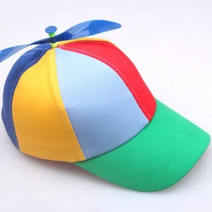 Colorful multi-color propeller baseball cap with blue spinning rotor for kids and adults