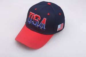 Detailed close-up of USA 3D embroidery and flag patch on cotton baseball cap