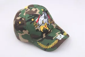 Detail of embroidered eagle patch and USA text on woodland camouflage baseball cap