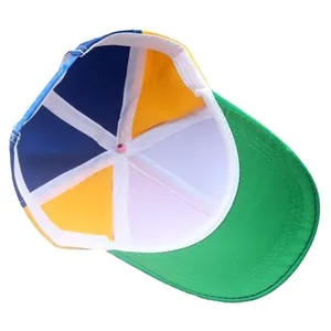 Colorful propeller baseball cap featuring a multi-color paneled crown and green flat brim