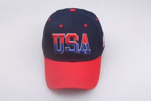 Close-up of the USA 3D embroidery and durable cotton texture on a navy baseball cap