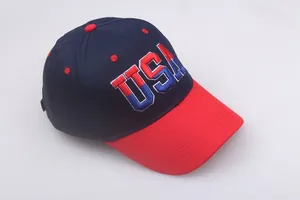 Detailed view of the red and navy blue USA baseball cap with premium 3D embroidery