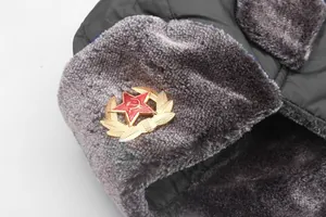 Gros plan de l'emblème soviétique avec blé doré et étoile rouge sur une toque ushanka