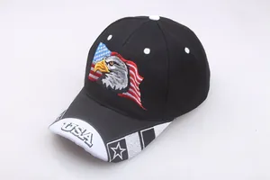 Detail of embroidered eagle and USA flag on a black cotton baseball cap for sun protection