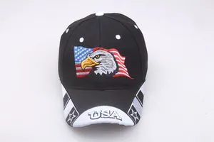 Detailed view of the eagle embroidery and USA text on black cotton baseball cap