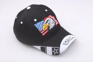 Detail of embroidered American flag and eagle head on a black cotton baseball cap