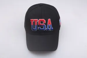 Detail of 3D USA embroidery and American flag patch on classic black cotton baseball cap
