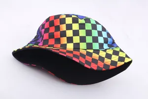 Adult reversible bucket hat with vibrant rainbow checkered pattern for outdoor casual sunshade