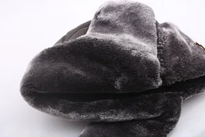 Détail de la doublure en fausse fourrure grise et du tissu coupe-vent du bonnet russe