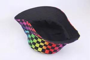 Rainbow gradient checkerboard bucket hat with reversible black inner lining for sun protection