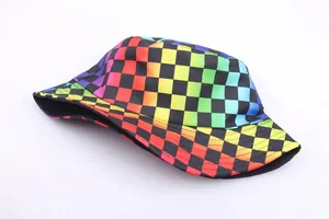 Detail shot of rainbow gradient checkerboard pattern on fabric bucket hat surface