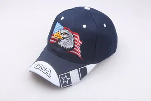 Detailed embroidery of American bald eagle and flag on navy blue cotton baseball cap