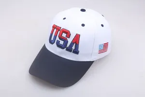 Close-up of 3D USA embroidery and American flag woven label on cotton baseball cap