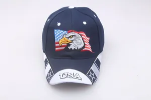 Detail of eagle and USA flag embroidery on navy cotton baseball cap with star brim