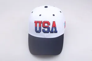 Detailed close-up of 3D USA embroidery and flag on cotton baseball cap