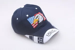 Detailed close-up of eagle embroidery and USA flag on a navy cotton baseball cap