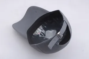 Detail of grey cadet cap featuring a sturdy cotton build and adjustable metal buckle