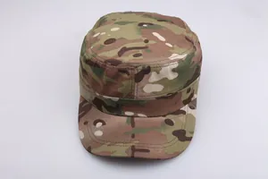 Top view of camouflage flat top army cap showing durable fabric and stitching details