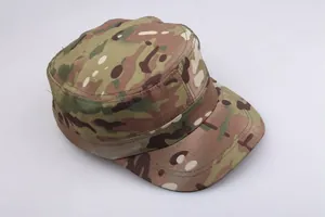 Top view of camouflage tactical flat top military cap with durable twill canvas fabric