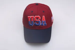 Detailed close-up of USA embroidery and flag patch on cotton baseball cap crown