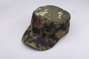 Detail of military patrol cap featuring honeycomb camouflage pattern and durable twill fabric