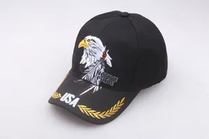Detailed embroidery of American eagle and USA text on a black cotton canvas baseball cap