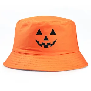 Bob Imprimé Citrouille d'Halloween en Coton Chapeau de Soleil Jack-O'-Lantern pour Hommes Femmes Accessoire de Fête