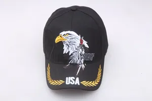 Detail of eagle and USA embroidery on black cotton baseball cap with laurel leaves