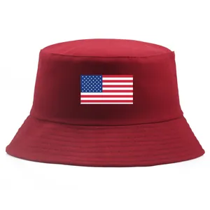 Dunkelroter Anglerhut aus Baumwolle mit USA-Flagge, stylische Sommer-Sonnenmütze für Damen