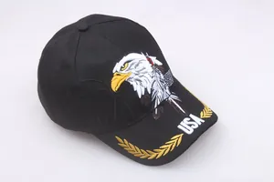Close-up of eagle embroidery and USA Native Pride text on a black baseball cap