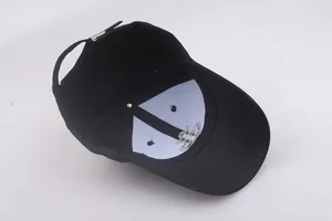 Detail view of the black captain hat interior with reinforced lining and metal buckle