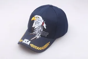 Macro shot of Native Pride eagle embroidery and USA detail on dark blue cotton baseball cap