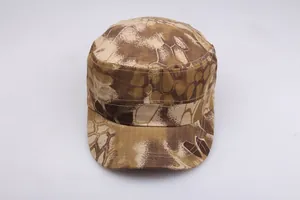 Front view of a python pattern camouflage patrol cap with a durable flat top structure