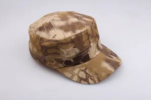 Detail of flat top tactical patrol cap featuring honeycomb camo pattern and ripstop fabric
