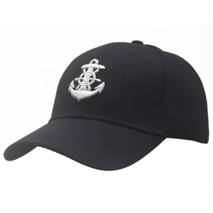 Classic black nautical captain hat with silver anchor embroidery and curved visor