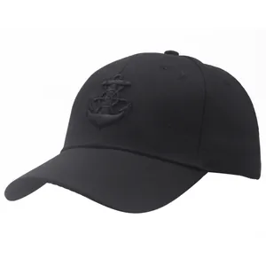 Classic black nautical sailor cap with embroidered anchor and helm design in white