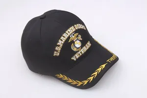 Detailed golden eagle and U.S. Marine Corps veteran embroidery on a black baseball cap