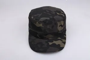 Detail view of durable canvas military flat top cap with dark camo pattern and double stitching