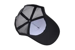 Classic black trucker hat with breathable mesh back and adjustable snapback closure