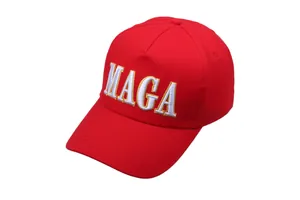 Classic red MAGA baseball cap with white and gold embroidered letters on cotton twill