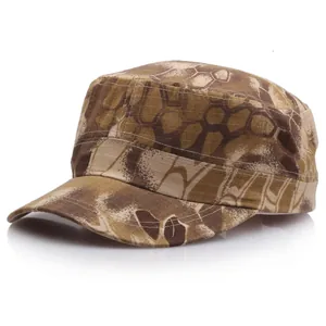 Outdoor flat top camo military hat with brown snakeskin pattern on white background