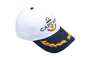 Cappello da capitano bianco classico con visiera blu navy e ricamo ancora dorata